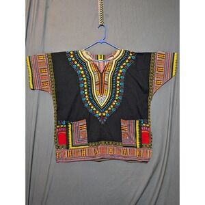 Mens Dashiki Shirt Black Multi Color Print V Neck Pockets Short Sleeve Top